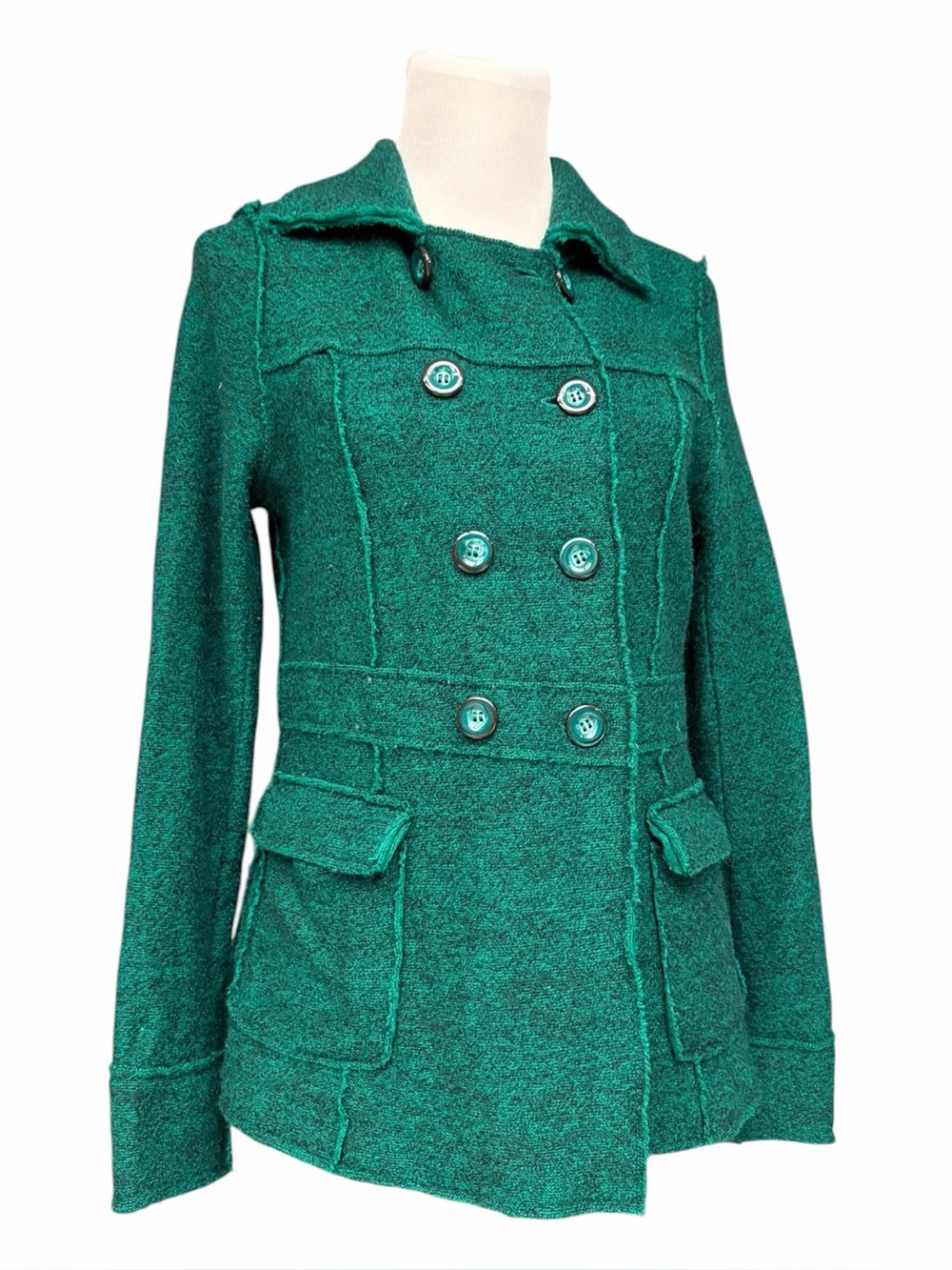 Kenar Green Bouclé Sweater Jacket Size Large Double Breasted Wool Blend, Large